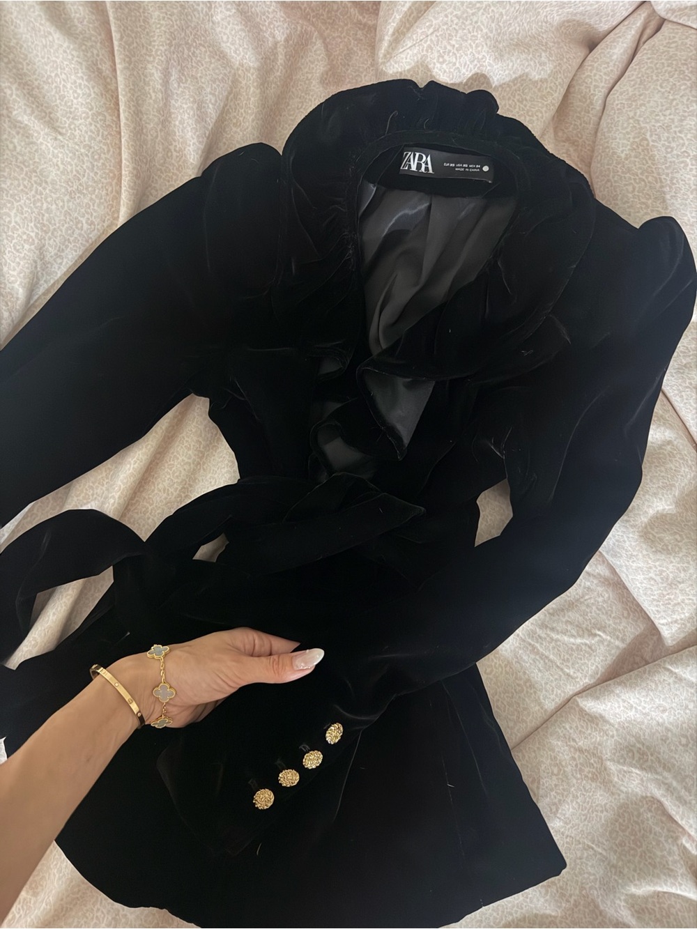 ZARA Black Velvet Ruffle Blazer with Gold Buttons